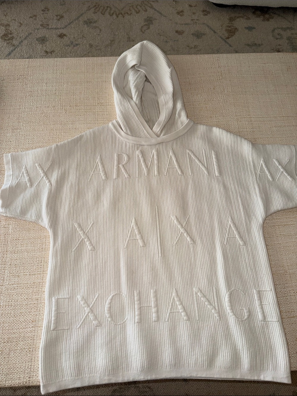 Armani Exchange Cream Ribbed Hooded Poncho with Embossed Logo